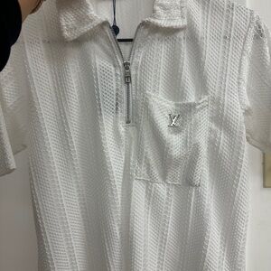 Louis Vuitton White Textured Polo with LV Pocket Pin